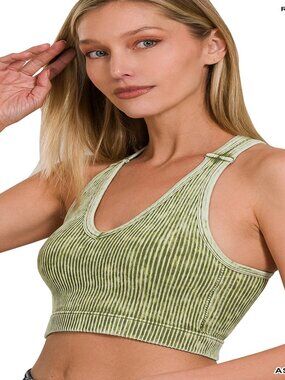 STONE WASHED SEAMLESS RACERBACK SPORTS BRA W/REMOVABLE PADS ASH OLIVE S/M  L/XL